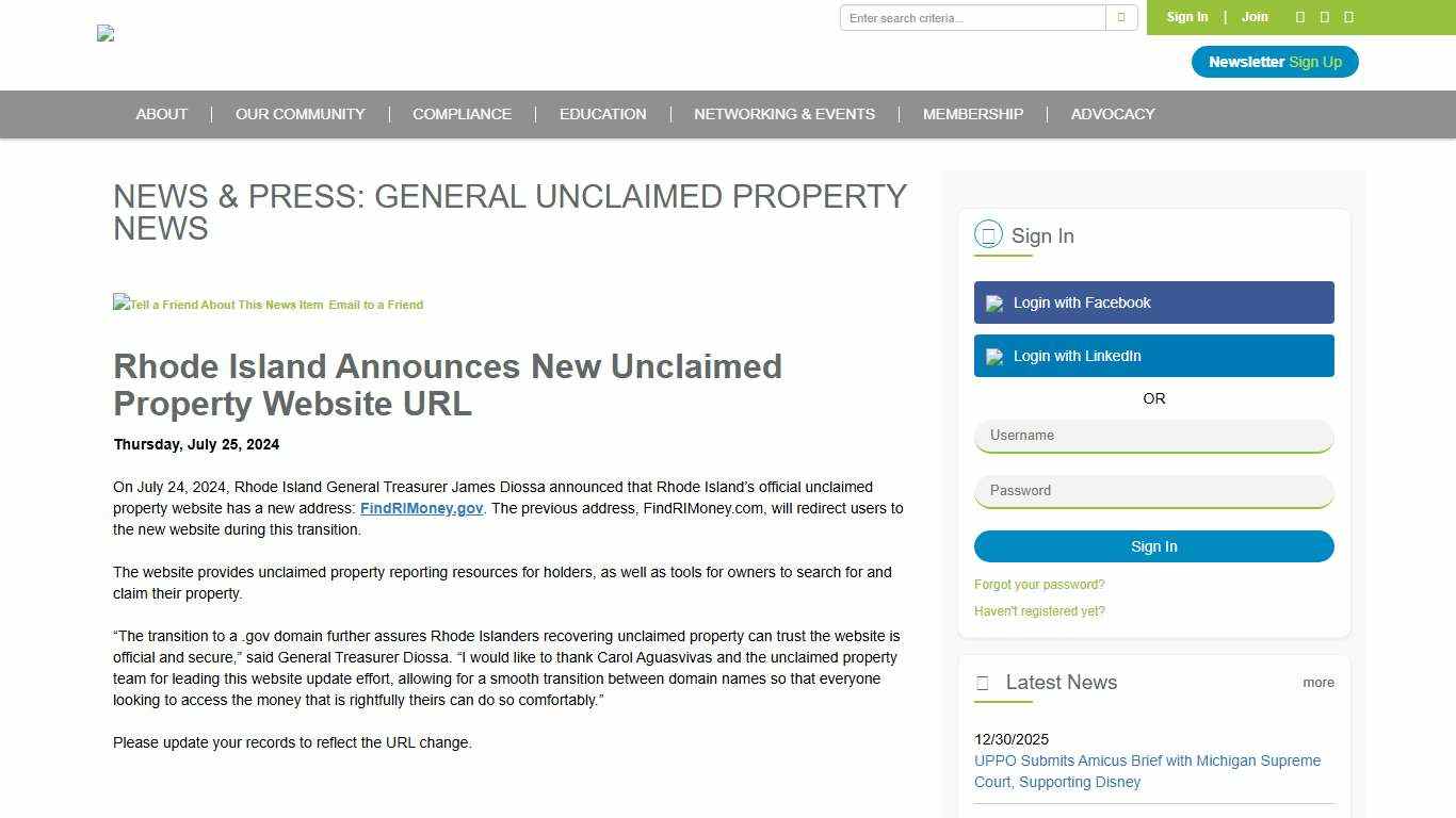 Rhode Island Announces New Unclaimed Property Website URL - Unclaimed Property Professionals Organization