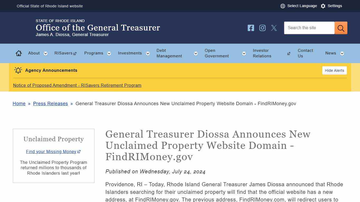 General Treasurer Diossa Announces New Unclaimed Property Website Domain - FindRIMoney.gov | Rhode Island Office of the General Treasurer