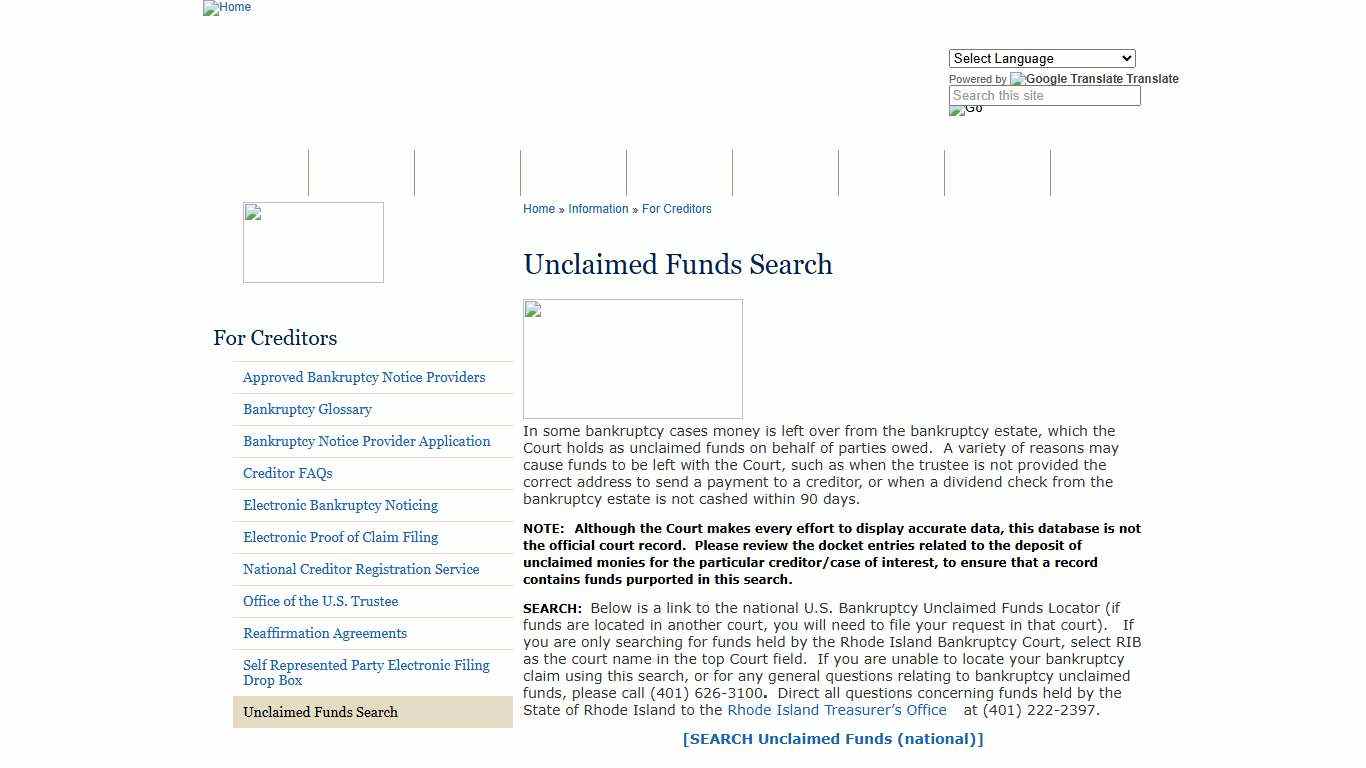 Unclaimed Funds Search | District of Rhode Island | United States Bankruptcy Court